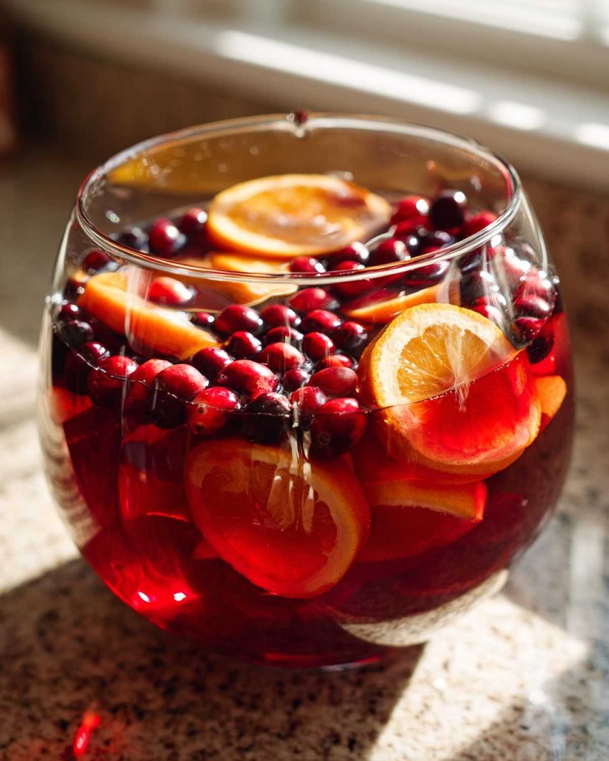 Close-up of a clear punch bowl filled with deep red thanksgiving punch, garnished with fresh cranberries and orange slices.