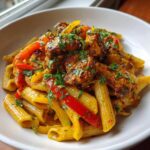 Close-up of a bowl of creamy, yellow Rasta Pasta mixed with seasoned chicken pieces and sliced red and yellow bell peppers.