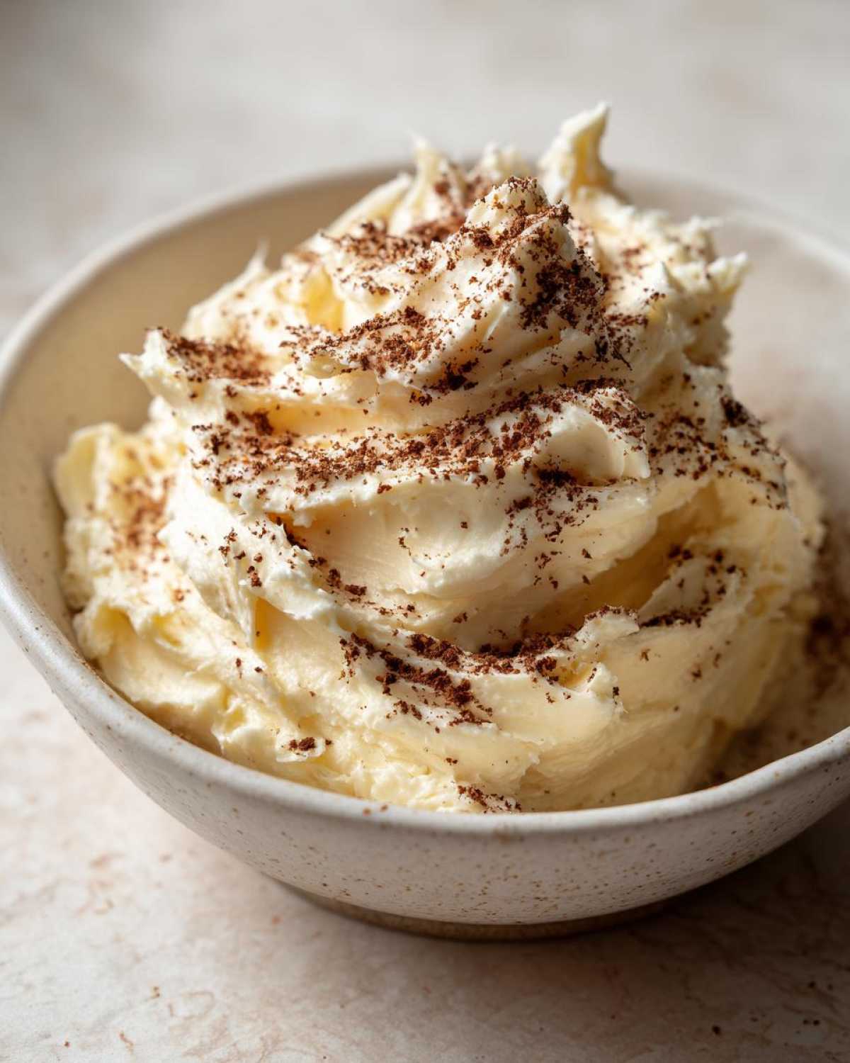 Close-up of fluffy, whipped cinnamon butter sprinkled with ground cinnamon in a speckled ceramic bowl.