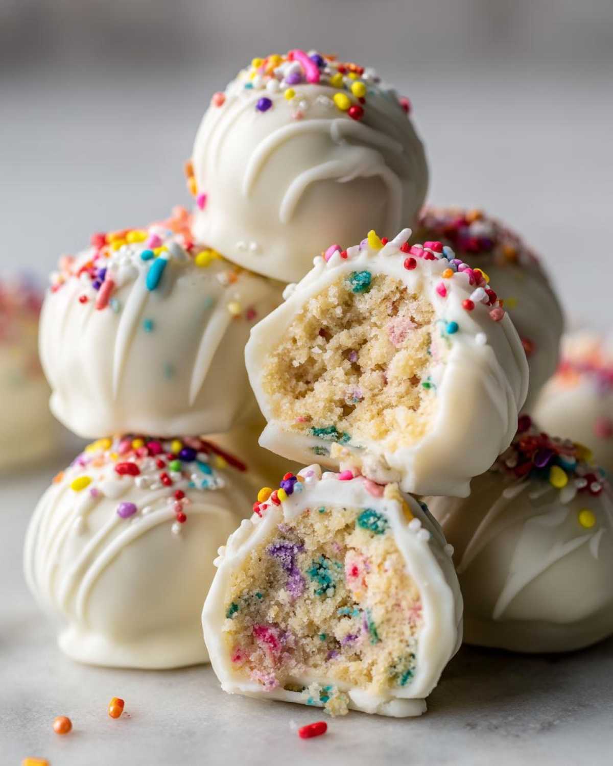 A stack of white chocolate coated sugar cookie truffles, one cut in half showing the colorful cake interior and rainbow sprinkles.
