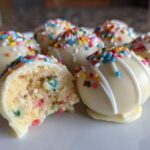 A close-up of several white chocolate-coated sugar cookie truffles, one cut open revealing colorful sprinkles inside.