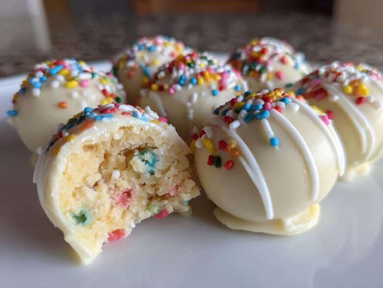 A close-up of several white chocolate-coated sugar cookie truffles, one cut open revealing colorful sprinkles inside.