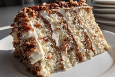 A decadent slice of white German chocolate cake showing layers of white cake, frosting, coconut, and pecans.