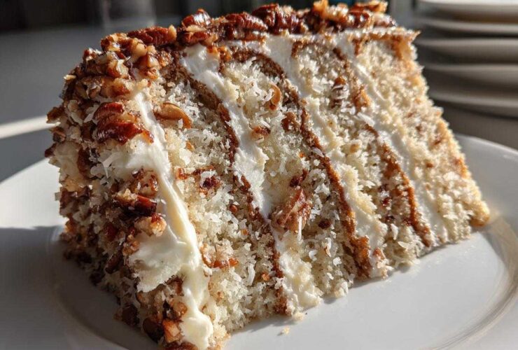 A decadent slice of white German chocolate cake showing layers of white cake, frosting, coconut, and pecans.