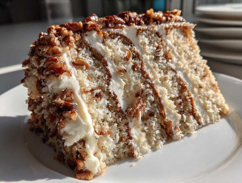 A decadent slice of white German chocolate cake showing layers of white cake, frosting, coconut, and pecans.
