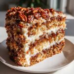 Close-up of a rich slice of white German chocolate cake layered with frosting and topped with pecans and coconut.