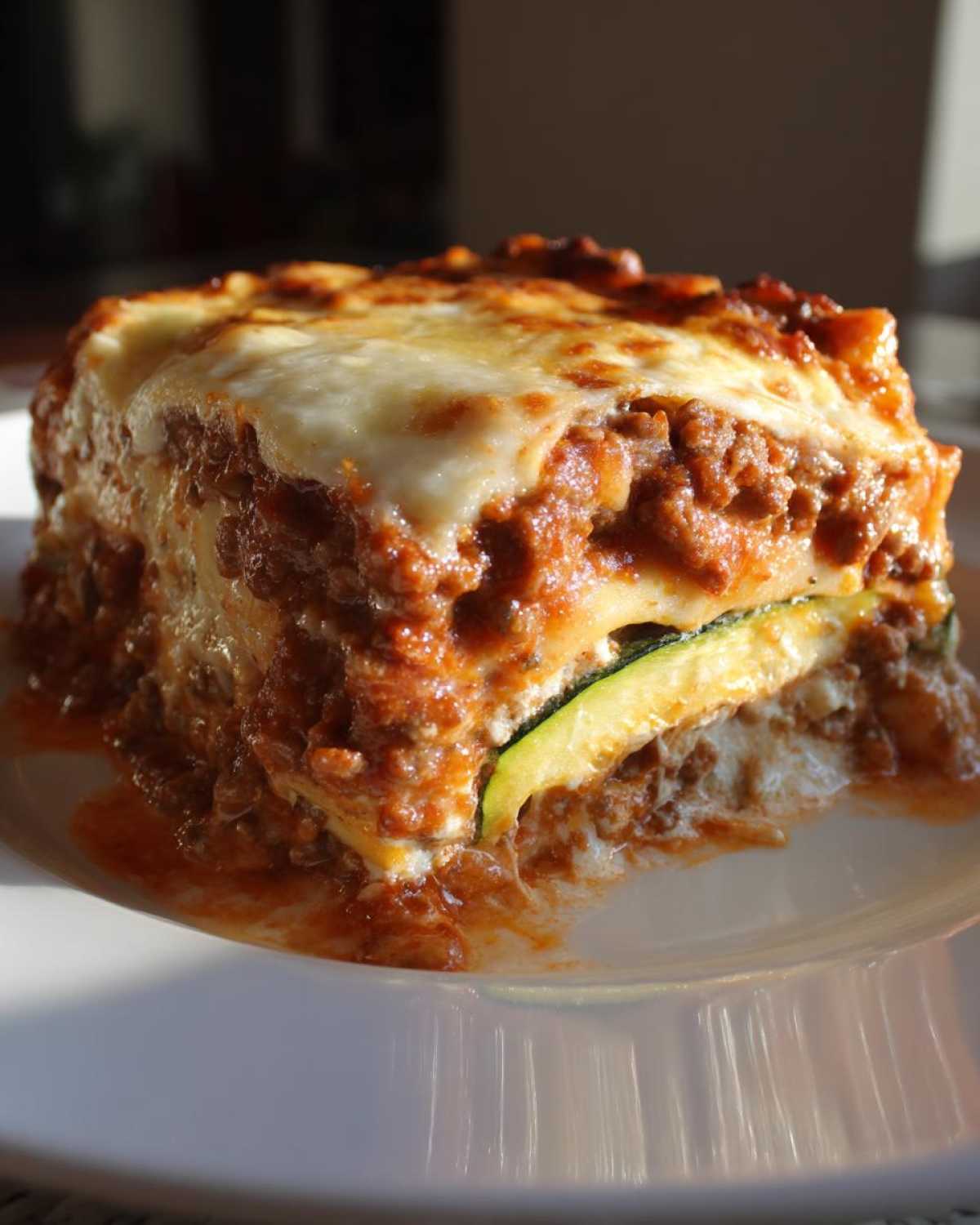 A thick, layered slice of zucchini lasagna showing a slice of zucchini replacing pasta, topped with melted cheese.