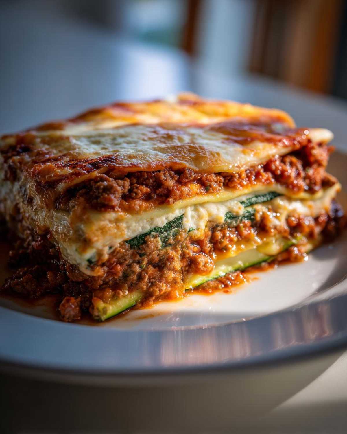 A close-up, well-lit slice of zucchini lasagna showing layers of meat sauce, ricotta, and firm zucchini noodles.