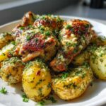 Golden brown chicken pieces and roasted potatoes covered in a rich garlic parmesan sauce and fresh parsley.