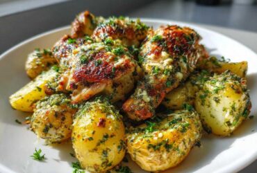 Golden brown chicken pieces and roasted potatoes covered in a rich garlic parmesan sauce and fresh parsley.