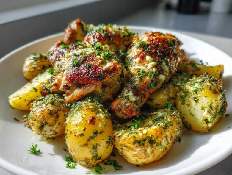 Golden brown chicken pieces and roasted potatoes covered in a rich garlic parmesan sauce and fresh parsley.