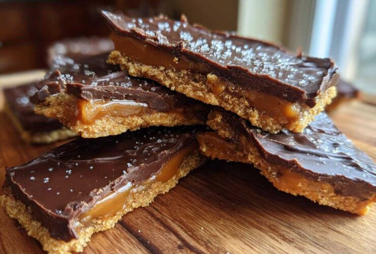 Stack of rich graham cracker toffee bars showing the crumbly base, gooey caramel, and chocolate topping sprinkled with sea salt.
