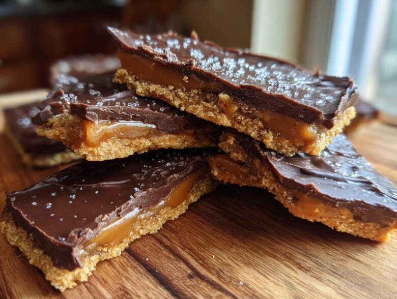 Stack of rich graham cracker toffee bars showing the crumbly base, gooey caramel, and chocolate topping sprinkled with sea salt.