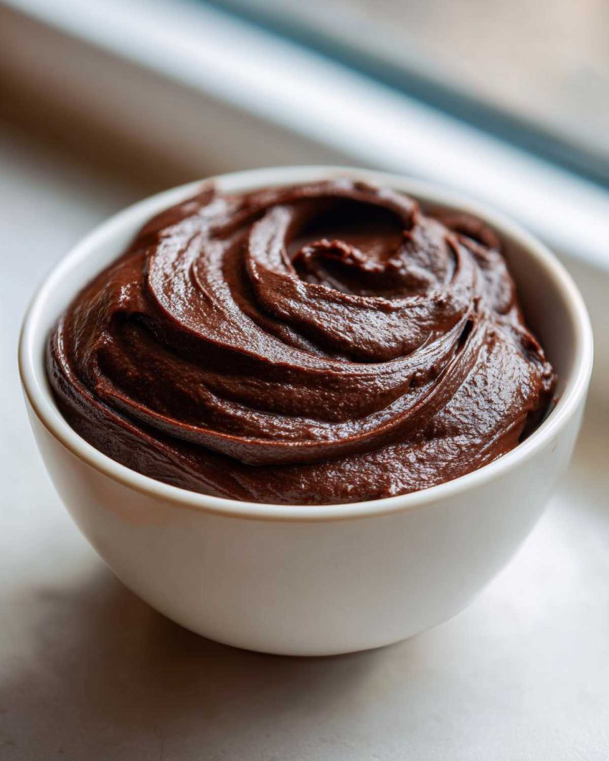 Close-up of a white bowl filled with thick, dark, swirled chocolate dip, set near a bright window.