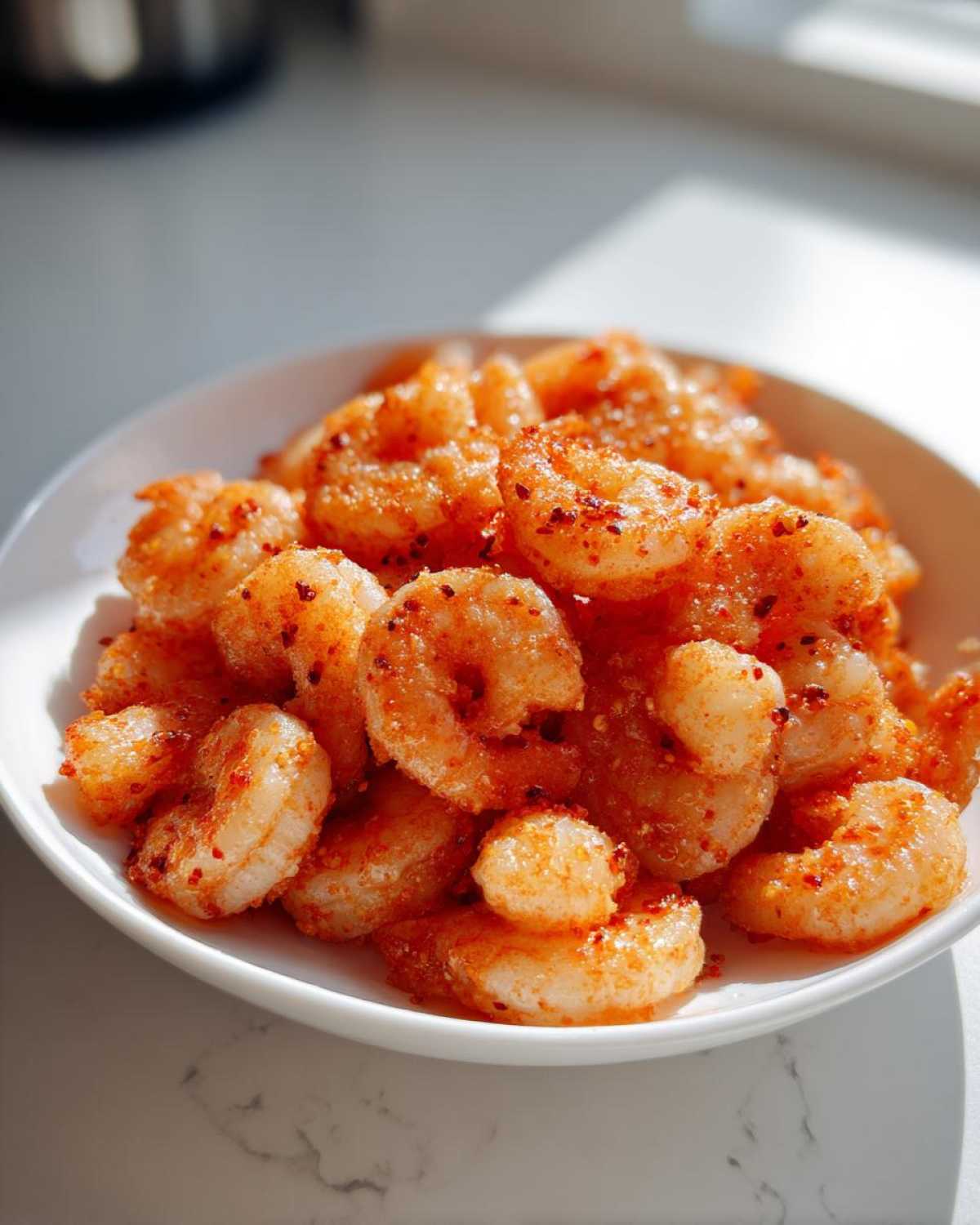 A white bowl filled with perfectly cooked, seasoned air fryer frozen shrimp sprinkled with red pepper flakes.