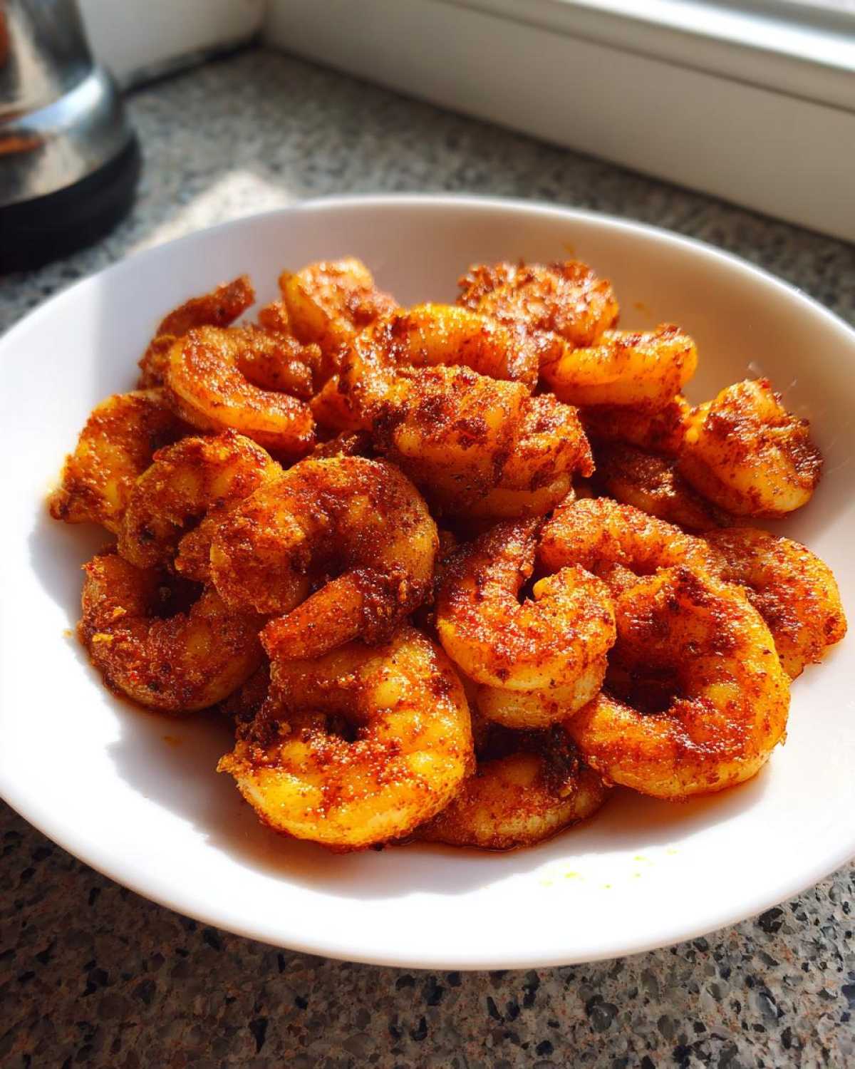 A white bowl filled with perfectly cooked, seasoned air fryer frozen shrimp, glowing under natural light.
