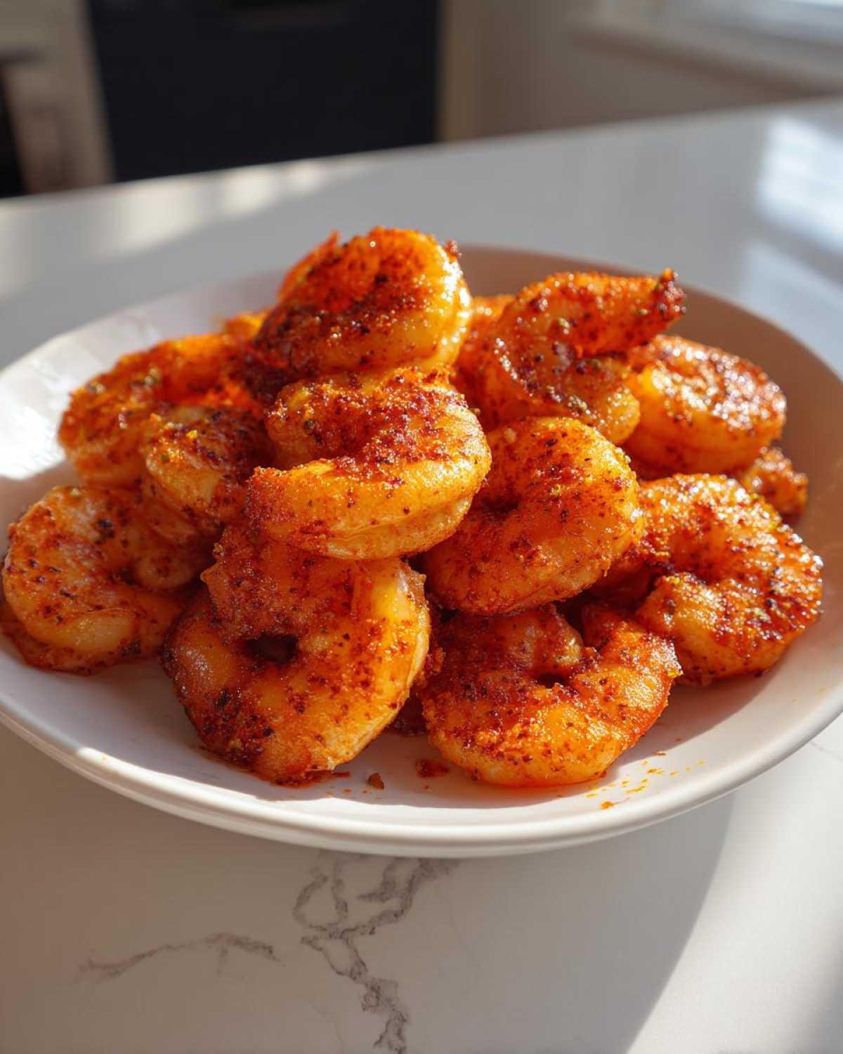 A close-up of a white plate piled high with perfectly cooked, seasoned air fryer frozen shrimp.