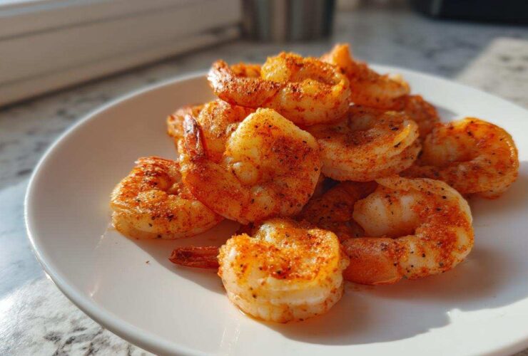 A pile of perfectly cooked air fryer frozen shrimp seasoned with paprika and pepper on a white plate.