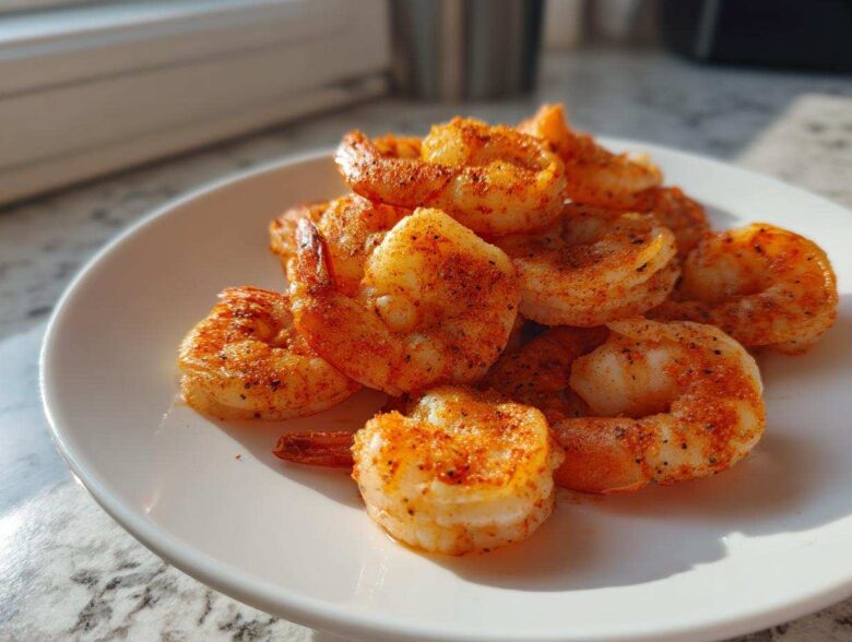A pile of perfectly cooked air fryer frozen shrimp seasoned with paprika and pepper on a white plate.