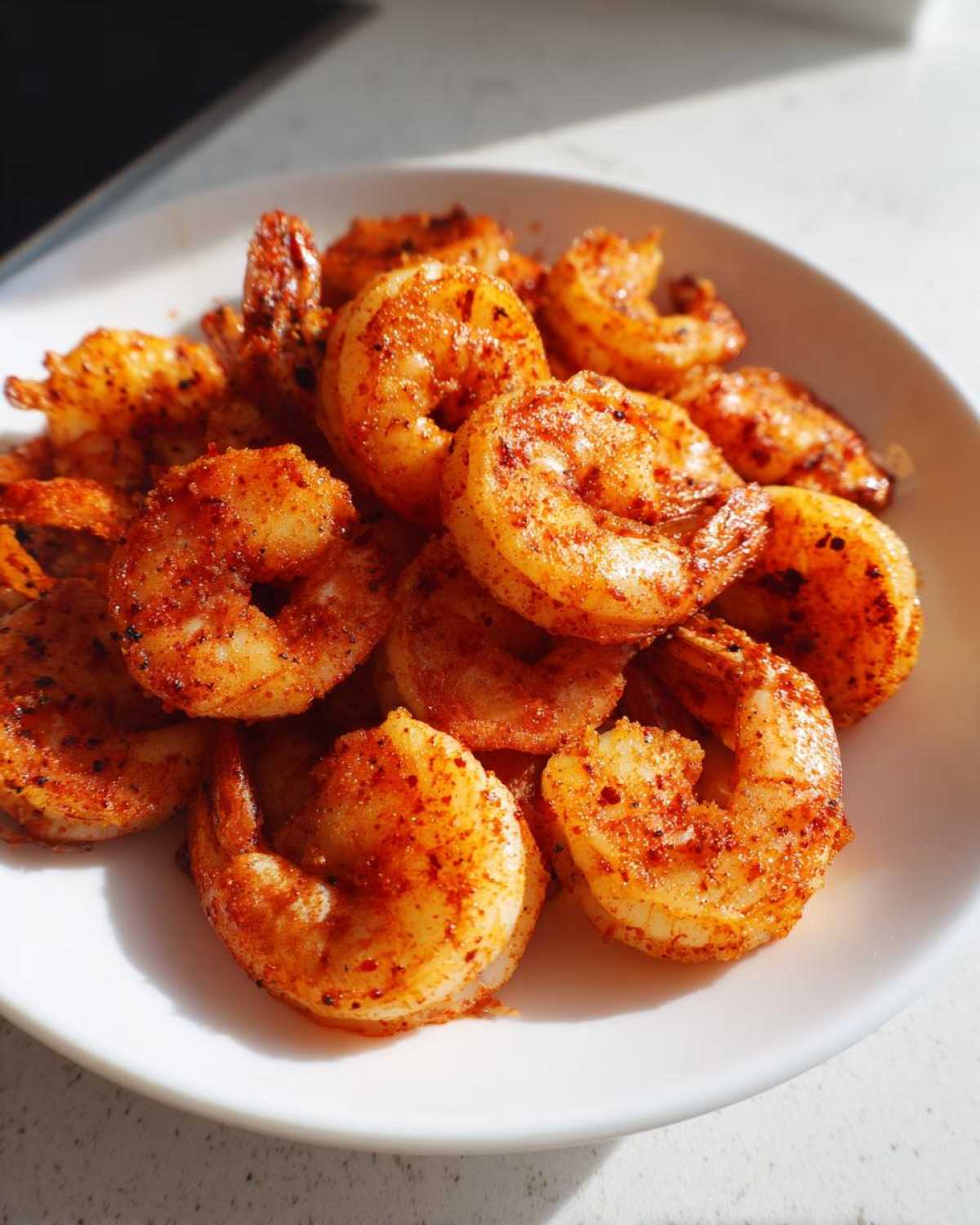 A pile of seasoned, cooked air fryer frozen shrimp served on a white plate, showing vibrant red seasoning.