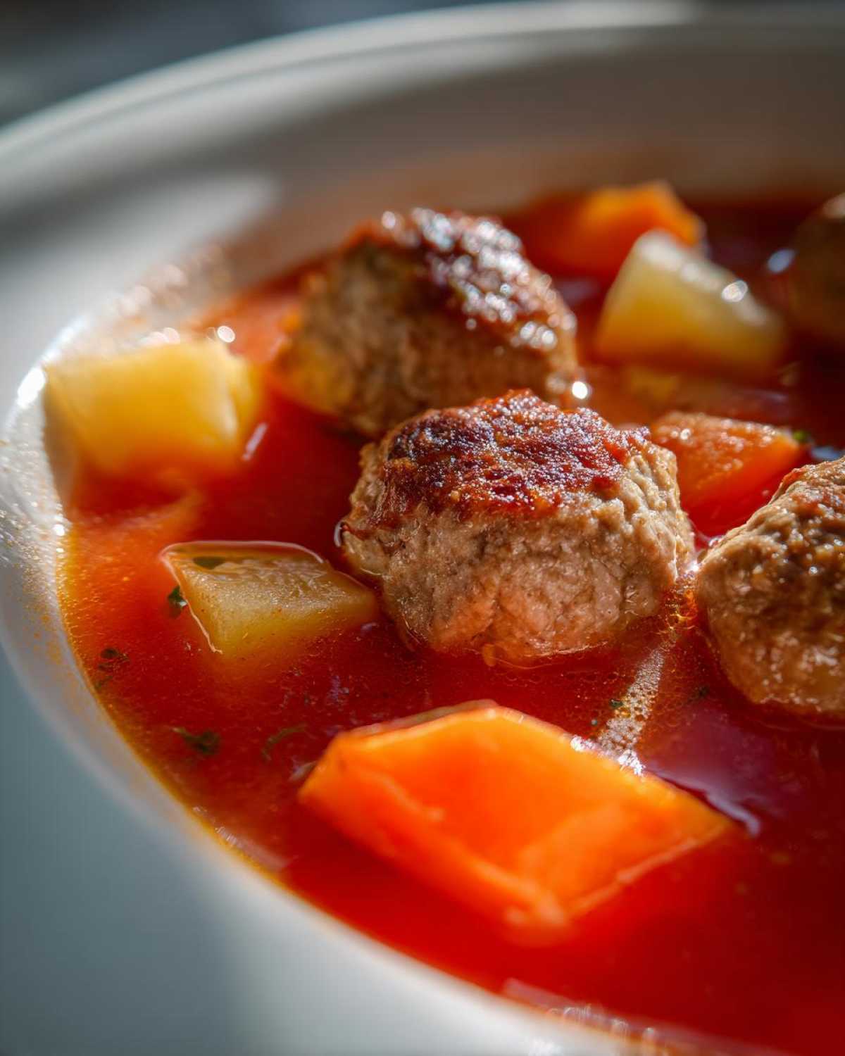 Close-up shot of seared meatballs and chunks of potato and carrot in a rich red broth of albondigas soup.