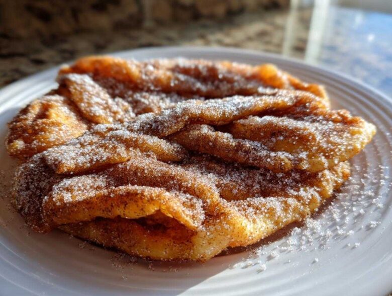 Close-up of freshly fried, golden buñuelos generously coated in cinnamon sugar on a white plate.