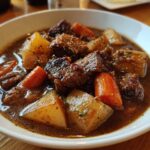Close-up of a rich, dark bowl filled with tender chunks of pork stew, potatoes, and carrots.