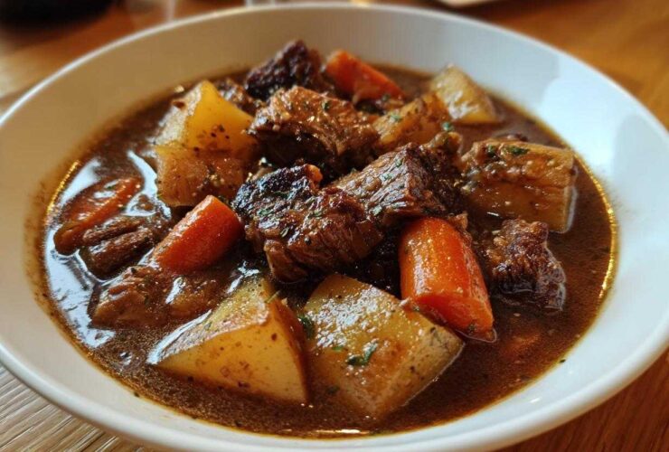 Close-up of a rich, dark bowl filled with tender chunks of pork stew, potatoes, and carrots.