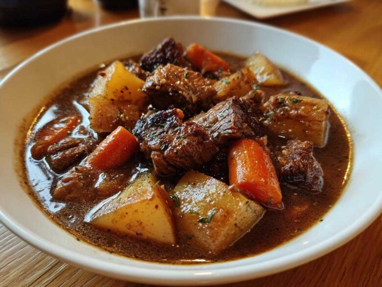 Close-up of a rich, dark bowl filled with tender chunks of pork stew, potatoes, and carrots.