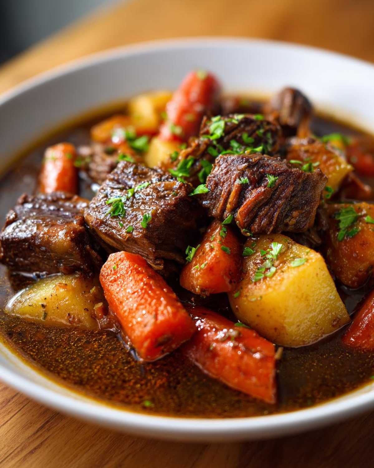 Close-up of tender chunks of pork stew with carrots and potatoes in a rich brown gravy, garnished with parsley.