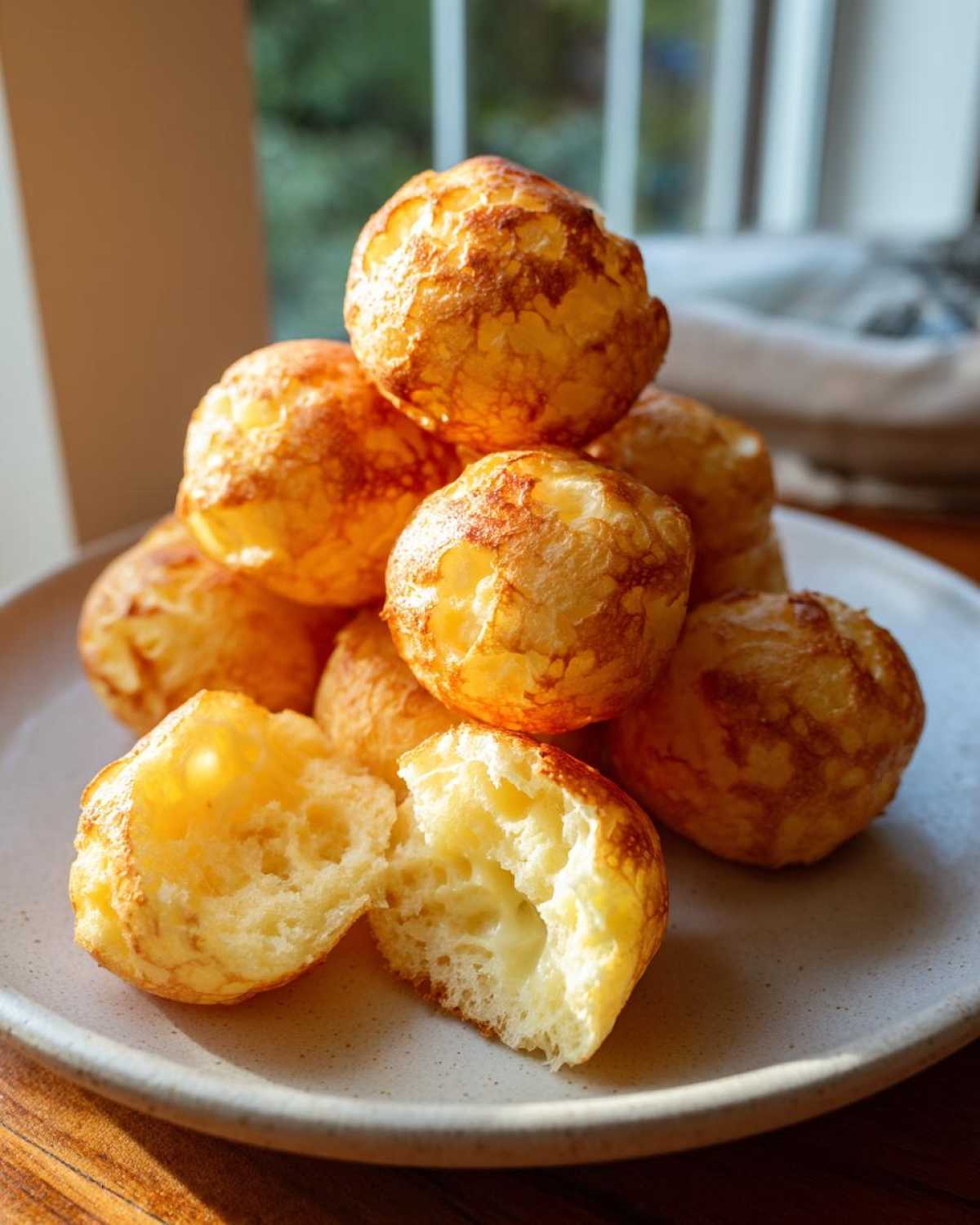 A stack of golden brown brazilian cheese bread on a plate, with one broken open showing the chewy, cheesy interior.