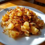 A mound of golden brown, crispy fried potatoes mixed with caramelized onions served on a white plate.