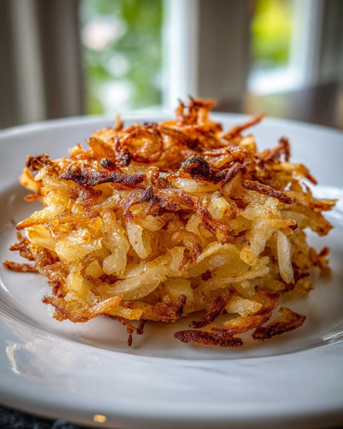 A close-up of a golden-brown, crispy pile of shredded fried potatoes served on a white plate.