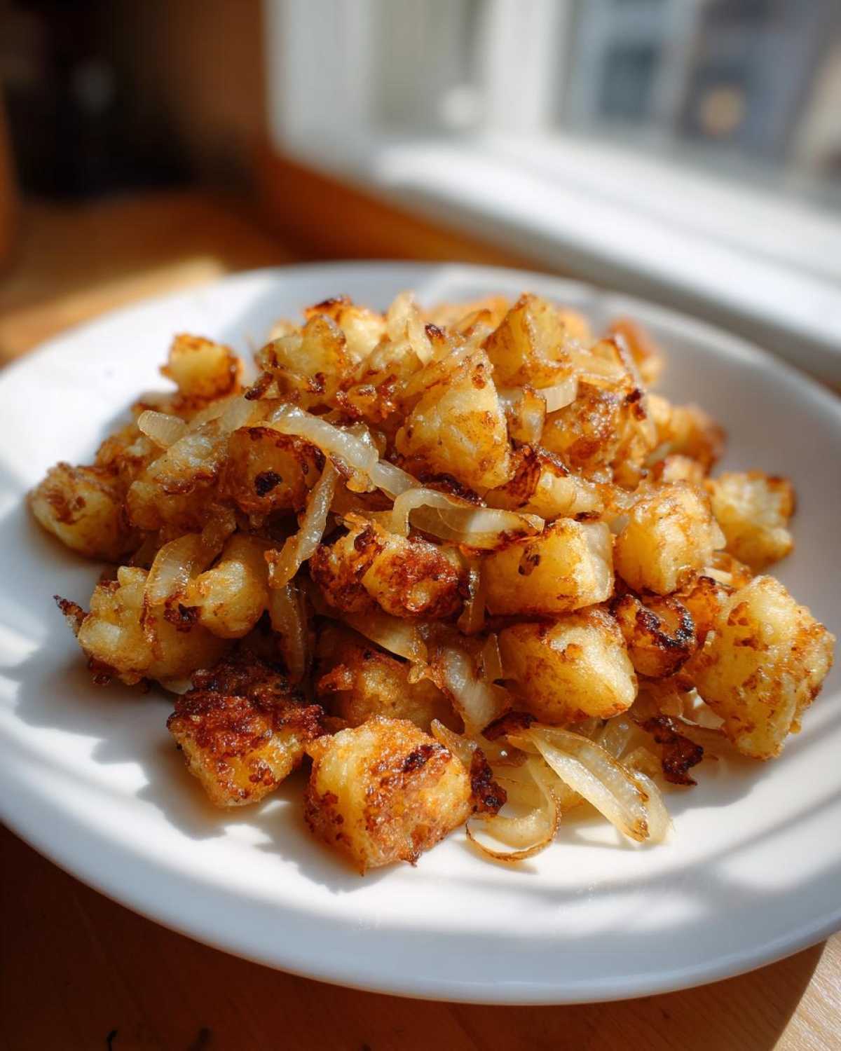 A close-up of perfectly crispy fried potatoes mixed with sautéed onions served on a white plate.