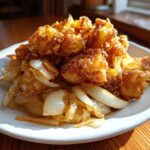 A mound of crispy, golden brown fried potatoes served with sautéed onions on a white plate.