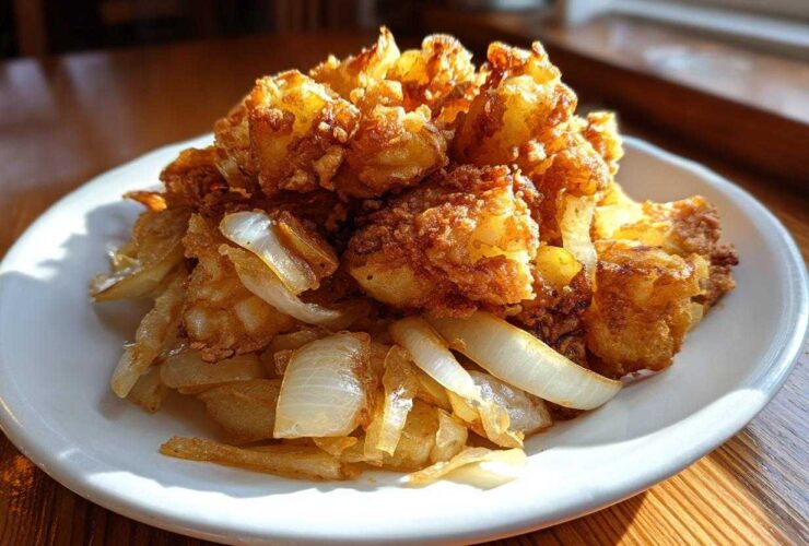 A mound of crispy, golden brown fried potatoes served with sautéed onions on a white plate.