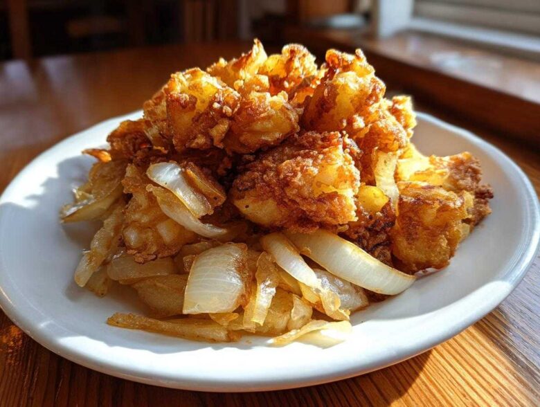 A mound of crispy, golden brown fried potatoes served with sautéed onions on a white plate.