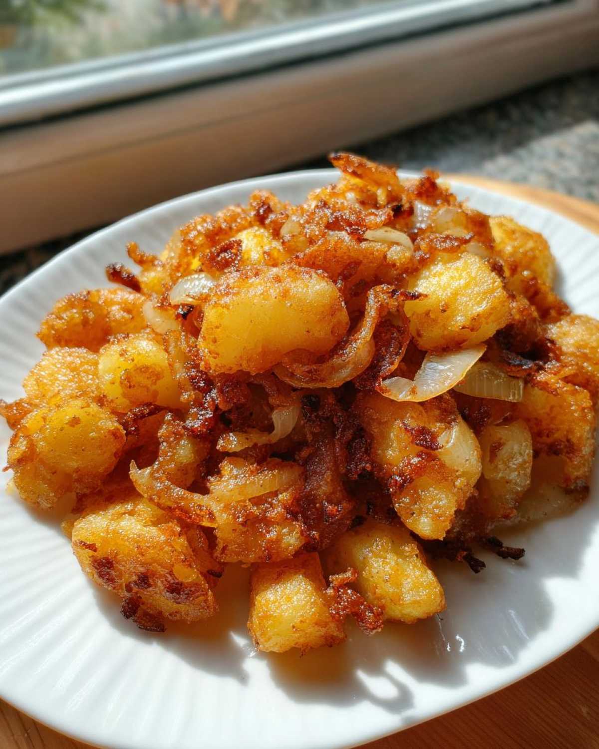 Close-up of perfectly golden brown fried potatoes mixed with crispy, caramelized onions served on a white plate.