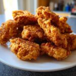 A close-up of a pile of crispy, golden homemade chicken nuggets served on a white plate.