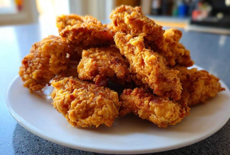 A close-up of a pile of crispy, golden homemade chicken nuggets served on a white plate.