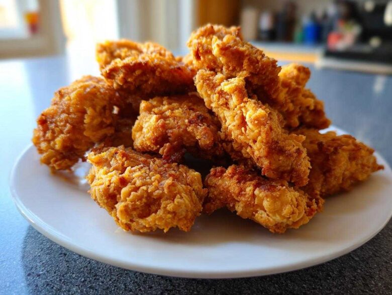 A close-up of a pile of crispy, golden homemade chicken nuggets served on a white plate.