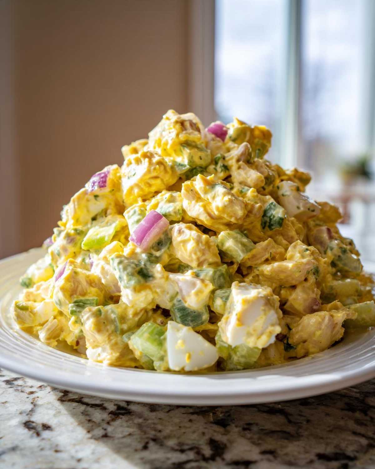 A large mound of creamy, yellow honey mustard chicken salad mixed with celery, hard-boiled egg chunks, and red onion served on a white plate.