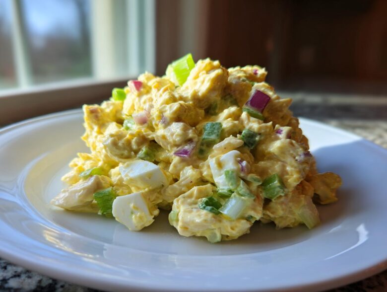 A mound of creamy honey mustard chicken salad mixed with chopped celery, red onion, and hard-boiled egg pieces on a white plate.