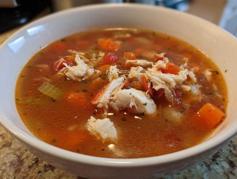 A close-up view of a hearty bowl of amazing maryland crab soup, featuring large chunks of white crab meat and diced vegetables in a rich, reddish broth.