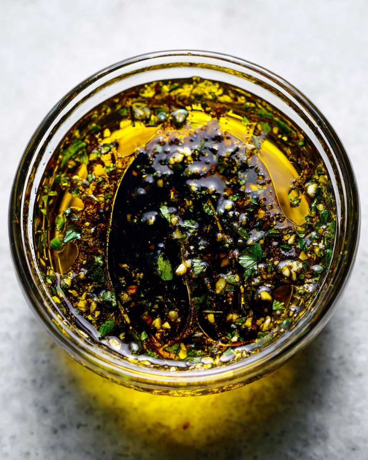 Overhead close-up of a glass bowl containing olive oil bread dip with herbs and spices.