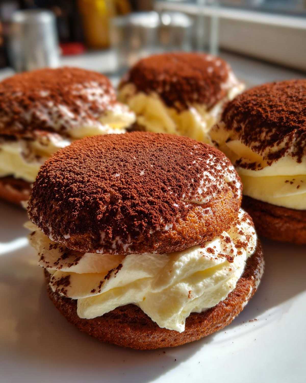 Close-up of several amazing 1-bite tiramisu cookies filled with cream and dusted with cocoa powder.