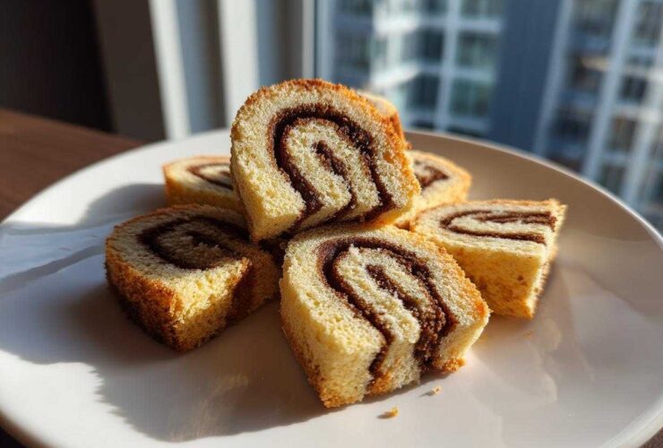 Several slices of light sponge cake pinwheel cookies with a dark chocolate swirl stacked on a white plate.