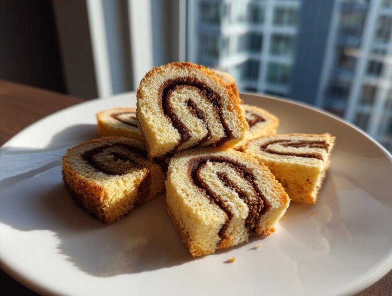 Several slices of light sponge cake pinwheel cookies with a dark chocolate swirl stacked on a white plate.