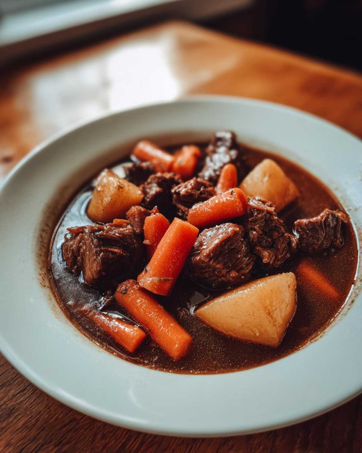 Close-up of a white bowl filled with rich, dark pork stew, featuring tender chunks of meat, bright carrots, and potatoes.