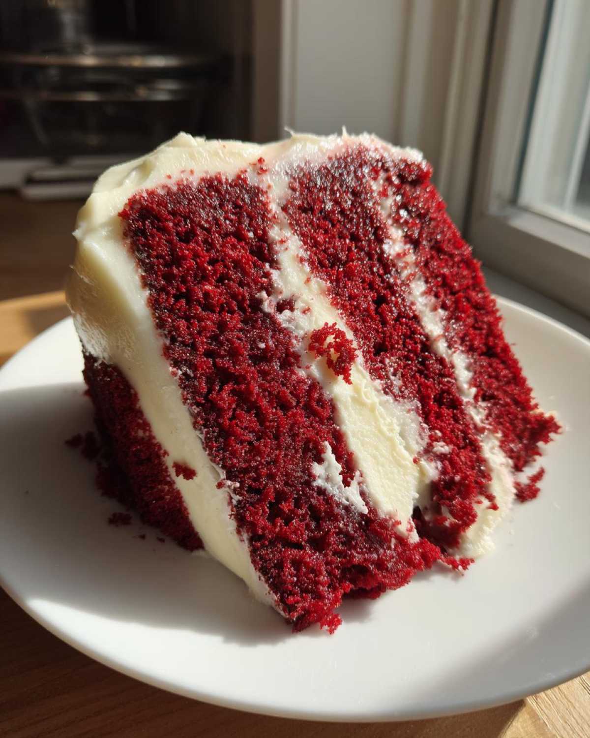 A tall slice of moist red velvet poke cake layered with thick cream cheese frosting.